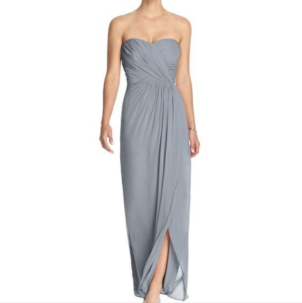 Dessy Strapless Draped Chiffon Maxi Dress - Lila in Platinum in size 12 and 14